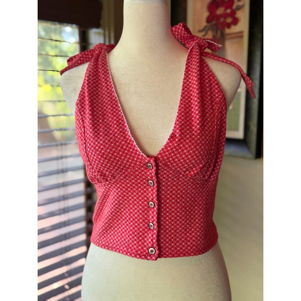 Free People Medium Halter Crop Top Red Gingham Check Button Front Tie Shoulder